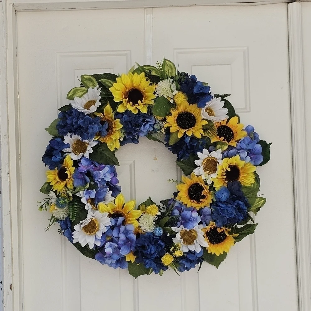 Handmade sunflower and blue hydrangea wreath for everyday, summer,spring